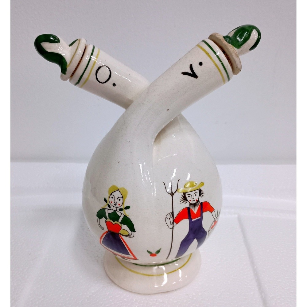 Vintage Oil and Vinegar Cruet White Folk Art Dual Chaimber Hand Painted Ceramic